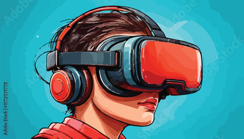 Person Immersed in Virtual Reality with VR Headset and Headphones.