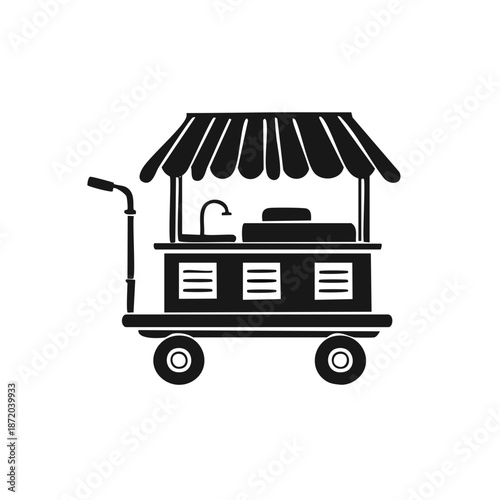 Black and white drawing illustration of a mobile food cart with a striped awning