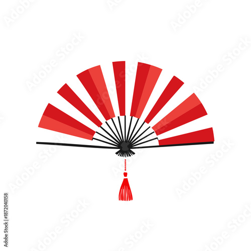 Elegant red fan, traditional Asian object with tassels, festive decoration, symbolic craft for celebration
