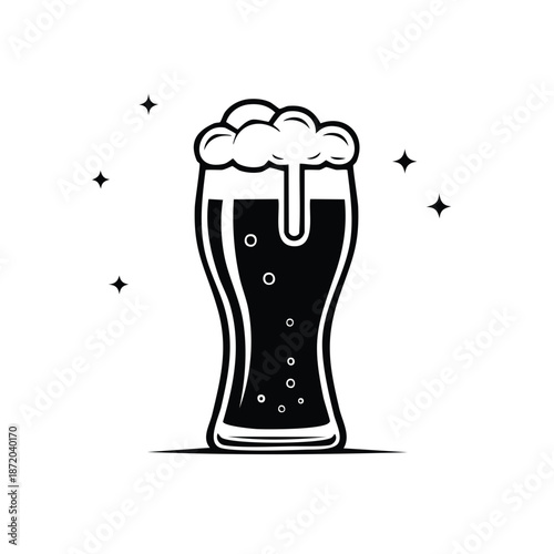 Elegant glass of beer with a generous head of foam floating bubbles and radiant stars for a classic beverage illustration