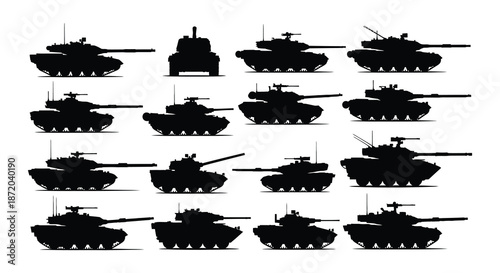 Silhouette collection of military vehicles tanks and soldiers in a dynamic scene