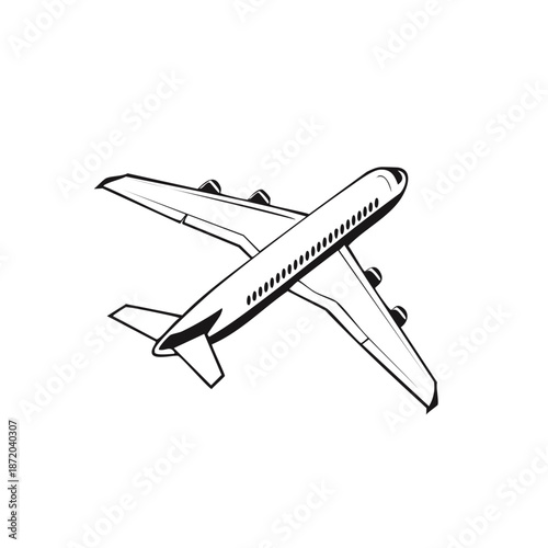 Airplane Line Art Illustration Large Passenger Aircraft Black and White Commercial Aviation Travel