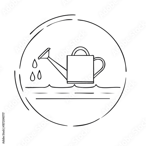 Watering can outline illustration with water drops and stylized circular border for garden or agriculture usage