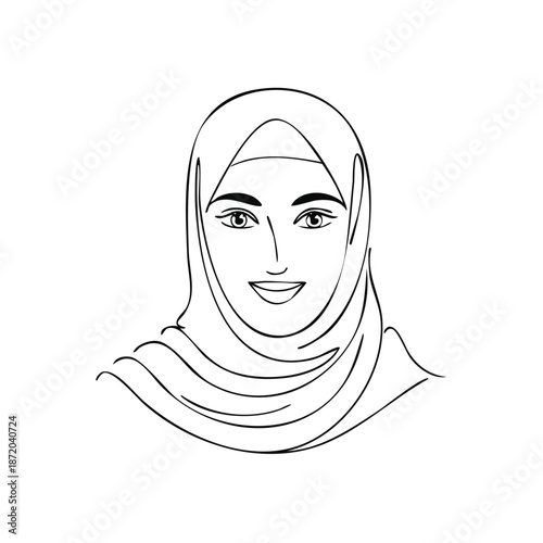 Elegant Woman Portrait in Hijab Line Art Illustration of Female Muslim Figure