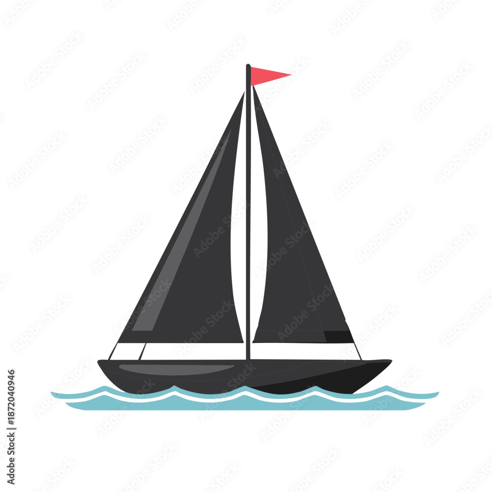 Fototapeta premium Black Sailboat Gliding on Gentle Blue Waves Nautical Vessel Leisurely Boat Trip Graphic