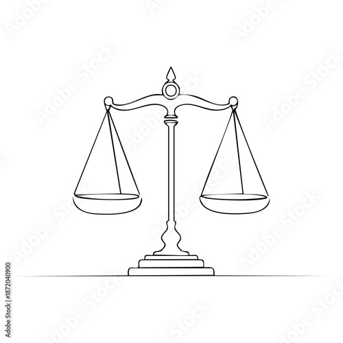 Elegant line drawing of a balancing scale representing justice, law, and equilibrium symbolizing legal fairness in a minimalist style.