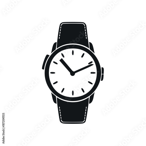 Isolated wrist watch illustration featuring a black and white design on a timekeeping device showcasing hand positioning.