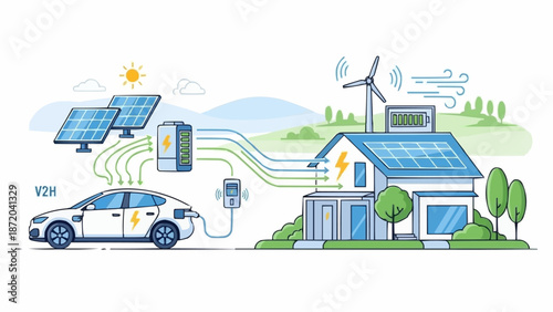 Electric car charging at home with solar and wind power.