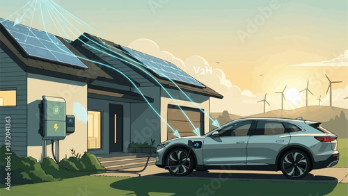 Electric car charging at home with solar panels and wind turbines in background.