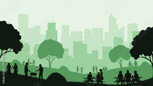 Green city park silhouette with people relaxing, walking, picnicking, and socializing against urban skyline, nature lifestyle, outdoor recreation concept illustration