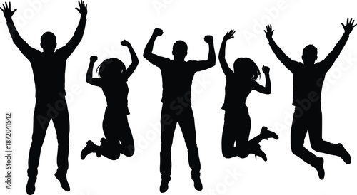 Happy jumping people silhouettes vector illustration celebrating success freedom teamwork joy energy dance party friendship youth lifestyle concept design