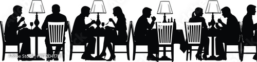 Restaurant dining silhouettes showing couples and groups enjoying romantic dinner under table lamps, elegant atmosphere, fine dining, social lifestyle illustration
