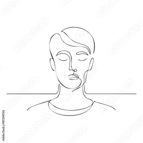 Monochrome Line Art Portrait of Contemplative Person With Eyes Closed Minimalist Design on White