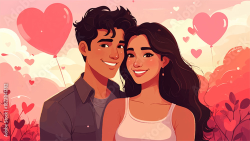 Happy Young Couple With Heart Balloons In Romantic Illustration