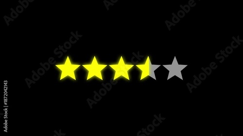 Glowing 3.5 star. glowing 5 of 3.5 stars.Customer rating 3.5 stars reviews on yellow glowing colour on black background
