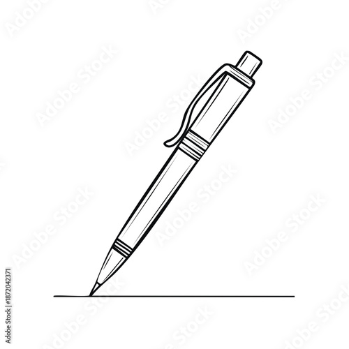 Black and white line art illustration of a ballpoint pen writing on paper