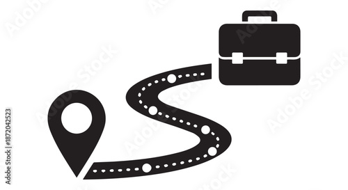 Business trip route with briefcase and map pin, isolated on transparent background