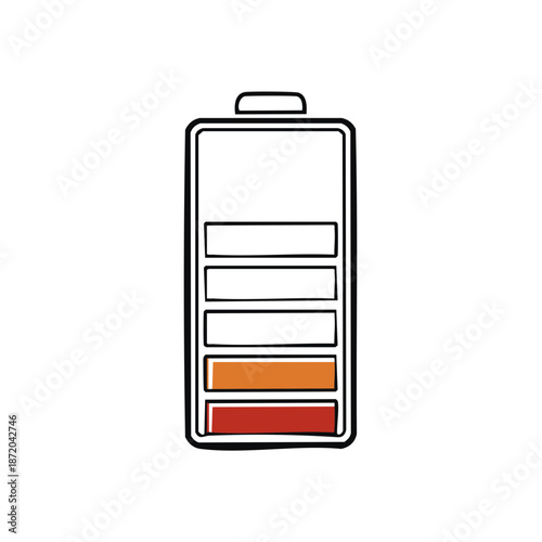 Stylized battery indicator icon with low charge depicted in gradient orange and red colors against a blank isolated background