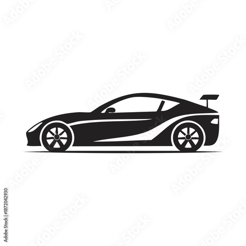 Sleek Silhouette of a Black Sportscar Ready for Racing on a White Background
