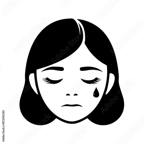 Vector Illustration of Sad Woman Face with Teardrop and Closed Eyes in Black and White, Depression, Loss, Emotional distress.