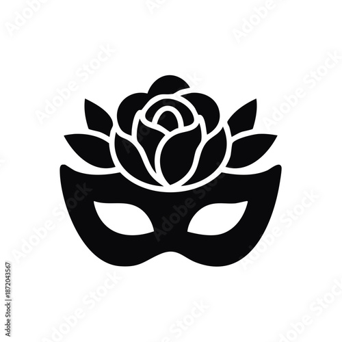 Elegant Black Carnival Mask with Rose Accent for Celebration, Party, Masquerade, and Festive Costumes, creating a mysterious enchanting atmosphere
