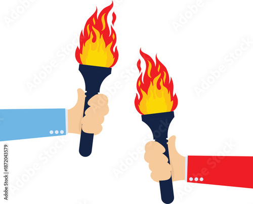 Torch in hand set. Flaming torchs.Sport fire sign. Competitions, athletic, champion, sports game or freedom torches with flames icon.

