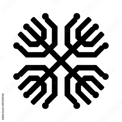 Radial circuit-inspired form resembling a digital snowflake, representing technology, connectivity, systems, data flow, and innovation.