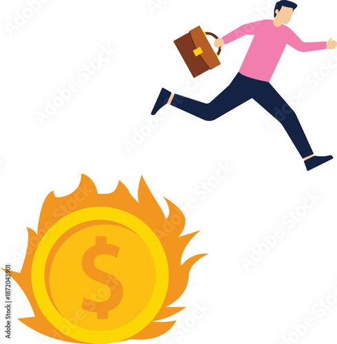 Businessman jumping over the fire of money

