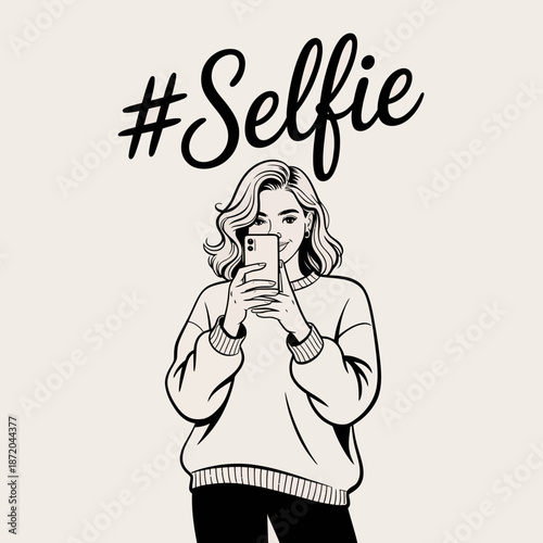A fashionable woman enjoying a light-hearted moment while taking a selfie, highlighting the contemporary culture of self-expression and connection through digital photography.