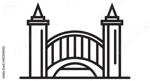Stylized black and white line art icon of a bridge with towers isolated on transparent background