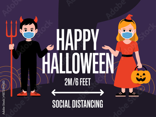 Two children dressed in Halloween costumes, wearing face masks, and encouraging social distancing while celebrating the festive season with fun and joy amidst health precautions.