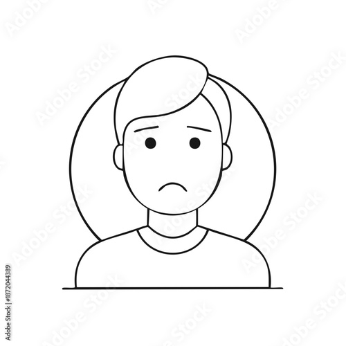 Line art depiction of a woman with a sad expression and a simple graphic style portrait with black outlines showing feeling lonely