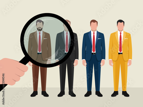 An intriguing illustration of a hand holding a magnifying glass over three suited figures explores themes of scrutiny, choice, and decision-making in a corporate world.