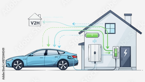 Electric Vehicle Charging Station Powering Home V2H Technology.