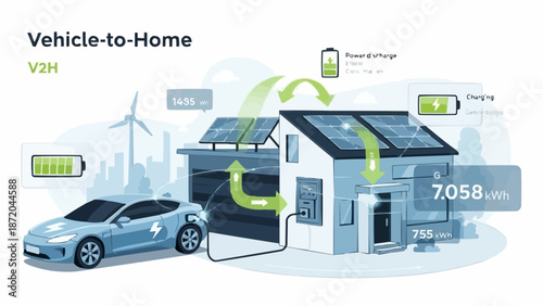 Electric Vehicle to Home Power System Illustration.