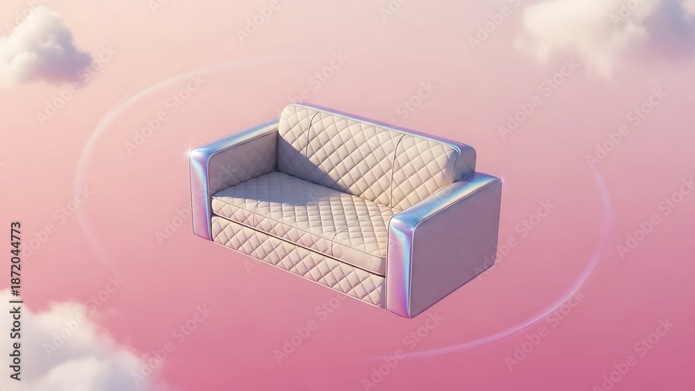 Naklejka premium Futuristic Quilted Sofa with Iridescent Edges in Ethereal Pink Cloudscape