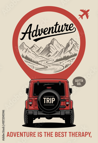 This vibrant image showcases a red jeep off-roading through majestic mountains, celebrating the spirit of adventure and the thrill of exploration in the great outdoors.