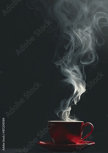 Red cup releasing swirling white steam on dark background