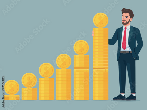 This professional illustration of a man beside increasing stacks of coins symbolizes financial growth, prosperity, and success, illustrating ambitions in wealth accumulation and investment.