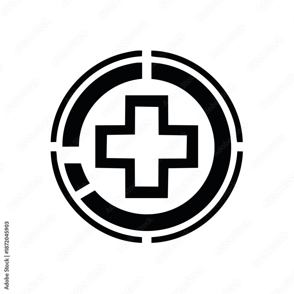 Fototapeta premium Black medical cross symbol encased within a circular border with a segmented line, representing healthcare solutions