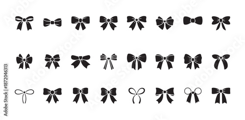 Different ribbon bow shapes set isolated on white for greeting card decoration and present wrapping