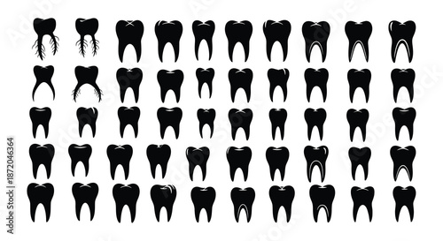 Collection of black and white tooth illustrations in various shapes and arrangements