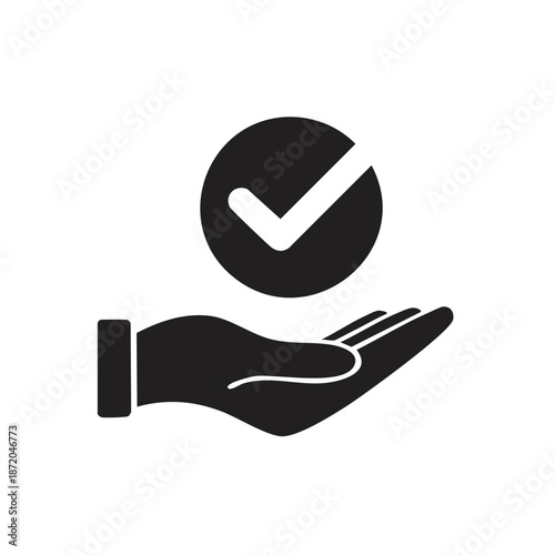 Checkmark Icon on Open Palm Hand Symbolizing Approval Acceptance or Success in Black