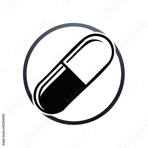 Black and White Pill Capsule Icon in Circle Frame: Medical Treatment Symbol for Healthcare and Pharmaceutical Design