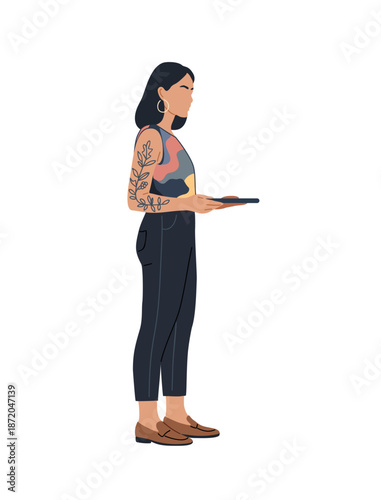 Young woman in profile holding a digital tablet, wearing a geometric top with tattoo detail. Modern minimalist illustration on transparent background.