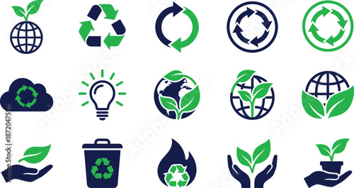 Eco sustainability and recycling icons set, green circular economy symbols, environmental protection, renewable resources, clean energy, global ecology, flat vector illustration