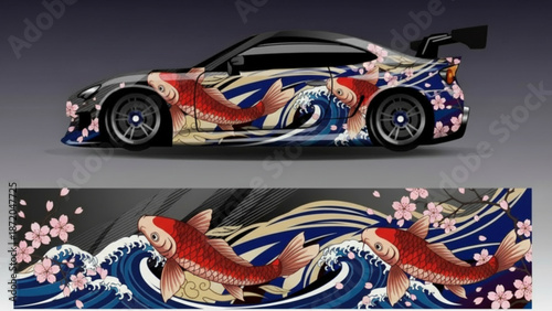 Sports car with a vibrant Japanese koi fish, ocean waves, and cherry blossom custom vinyl wrap design.