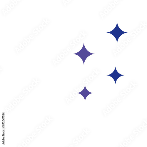 Four abstract stars glimmer against a stark white canvas, twinkling in vibrant shades of blue and purple, creating a magical and celestial effect.