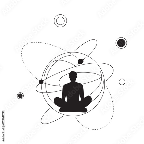 Meditating silhouette within a cosmic network of orbiting circles and connected points