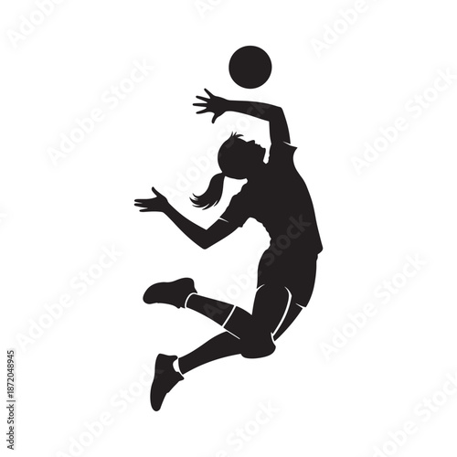 A dynamic silhouette of a female athlete jumping to serve a volleyball